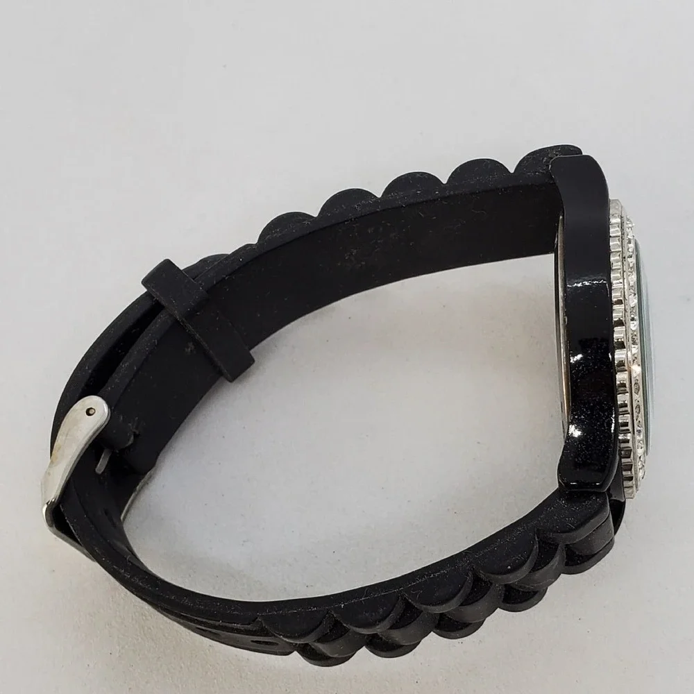 38MM Women Watch Black Dial Crystal Bezel Black Plastic‎ Band Straps New Battery